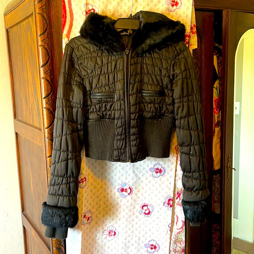 Bebe cropped puffy rabbit fur coat size small